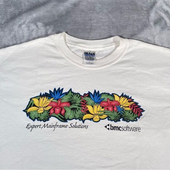 Vintage BMC Software Tech Promo T Shirt Mens Medium Floral Art White Y2K - Picture 1 of 6